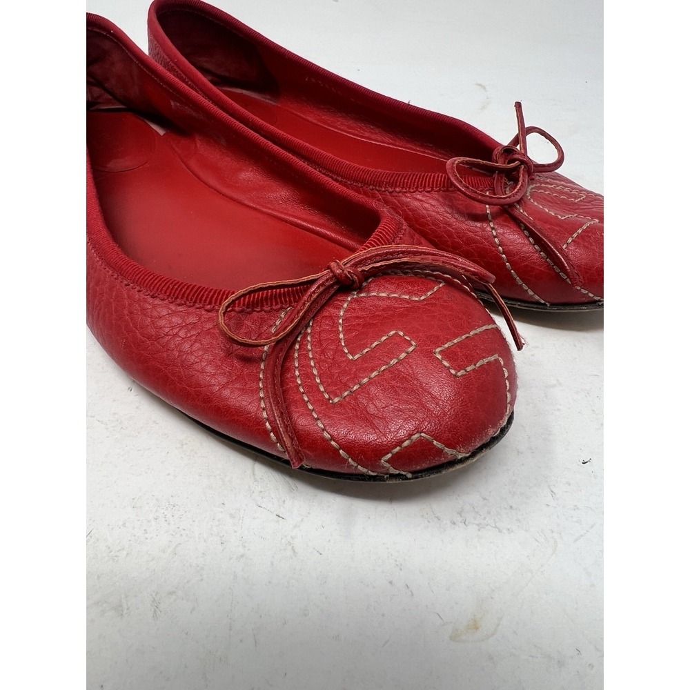 GUCCI Ballerina GG Bow 7.5 Red Leather Flats 37.5 Women's Ballet EUC - Picture 3 of 8